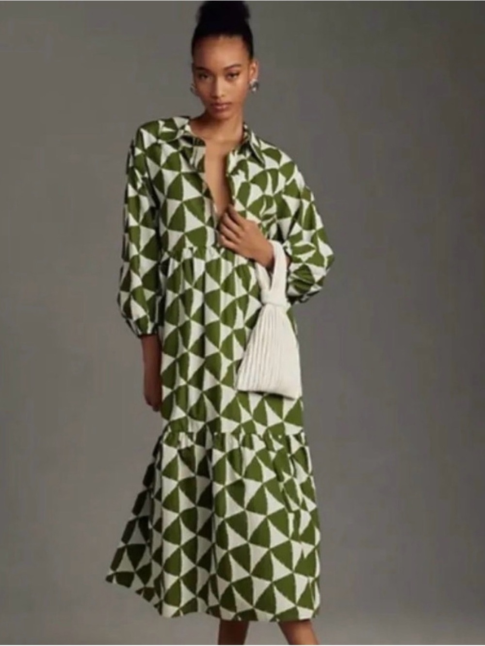 Anthropologie Maeve Bettina Geometric Midi Dress in Green & White Size XSP